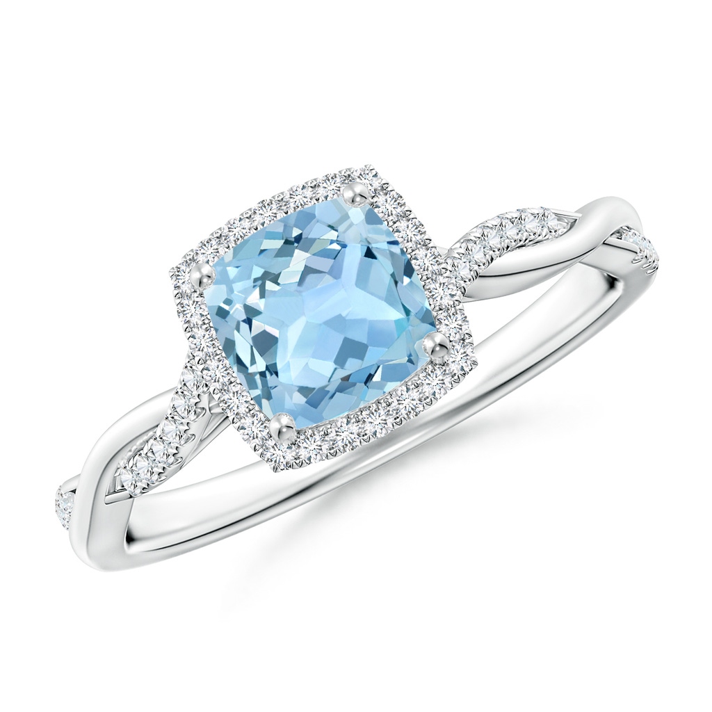 6mm AAA Twisted Shank Cushion Aquamarine Halo Engagement Ring in White Gold