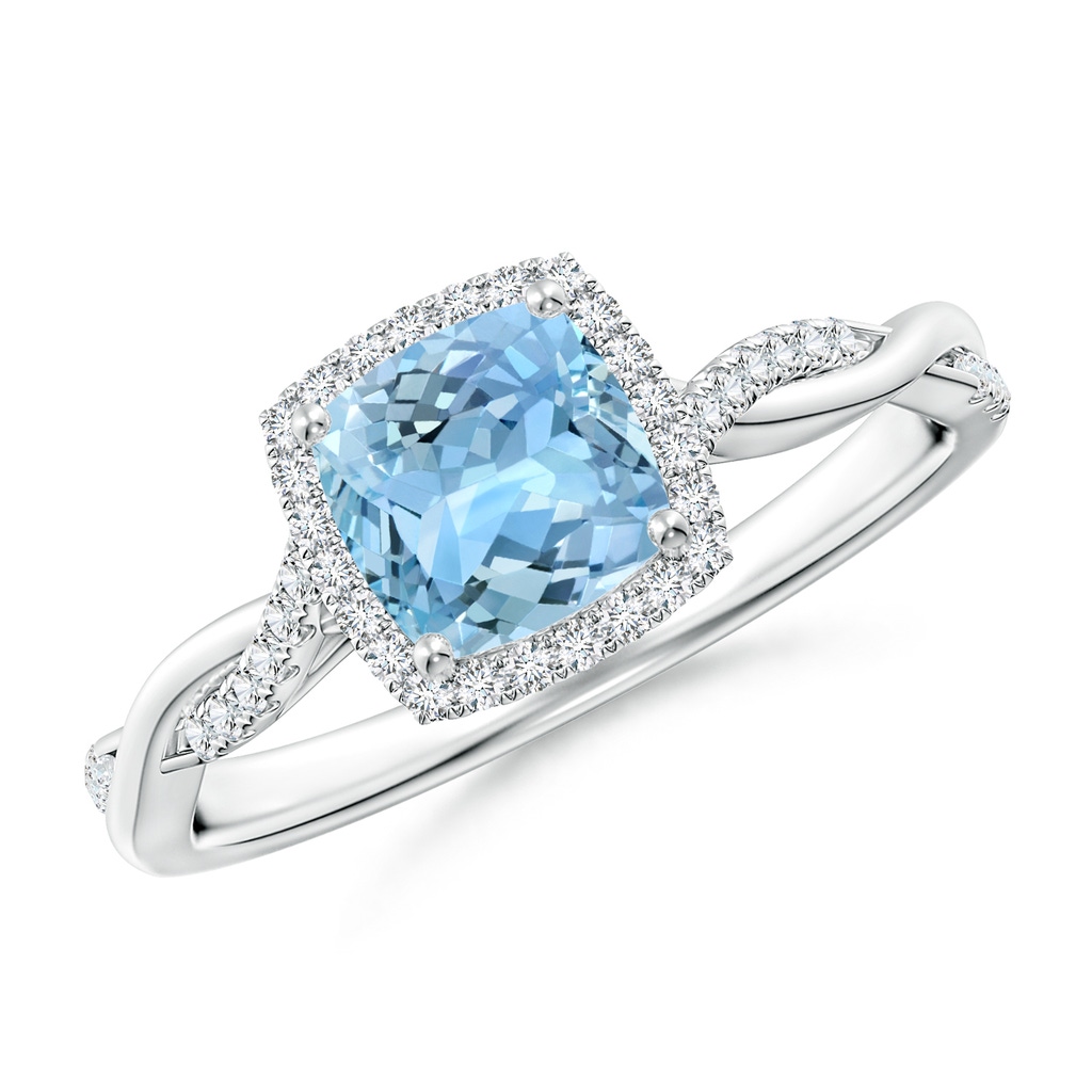 6mm AAAA Twisted Shank Cushion Aquamarine Halo Engagement Ring in P950 Platinum