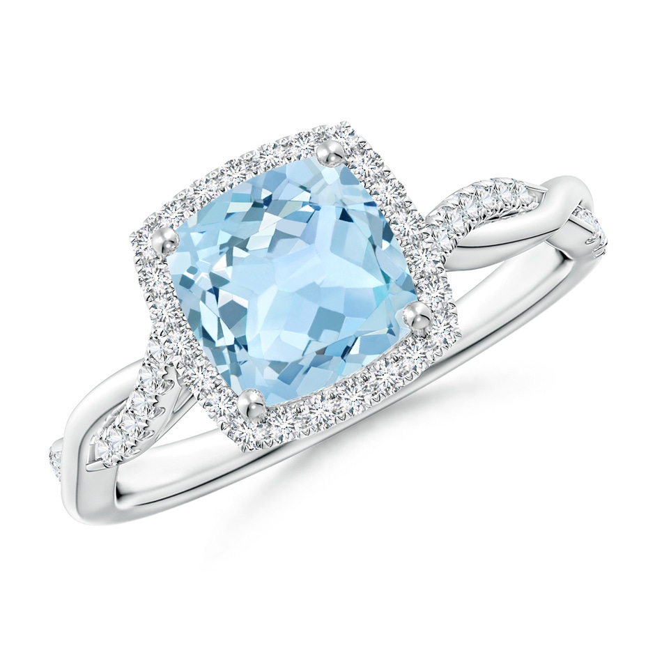 7mm AAA Twisted Shank Cushion Aquamarine Halo Engagement Ring in White Gold 