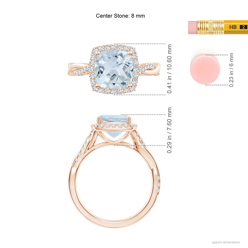 8mm A Twisted Shank Cushion Aquamarine Halo Engagement Ring in Rose Gold ruler