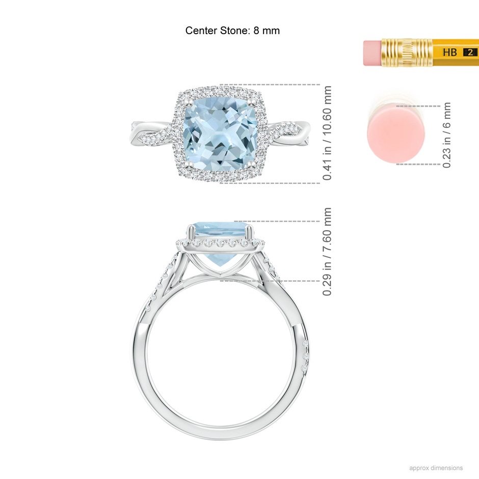 8mm AA Twisted Shank Cushion Aquamarine Halo Engagement Ring in P950 Platinum ruler