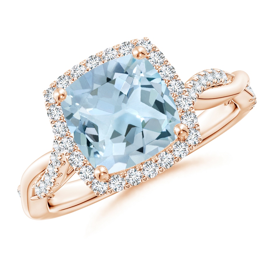 8mm AA Twisted Shank Cushion Aquamarine Halo Engagement Ring in Rose Gold 