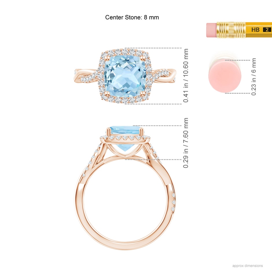 8mm AAA Twisted Shank Cushion Aquamarine Halo Engagement Ring in Rose Gold ruler