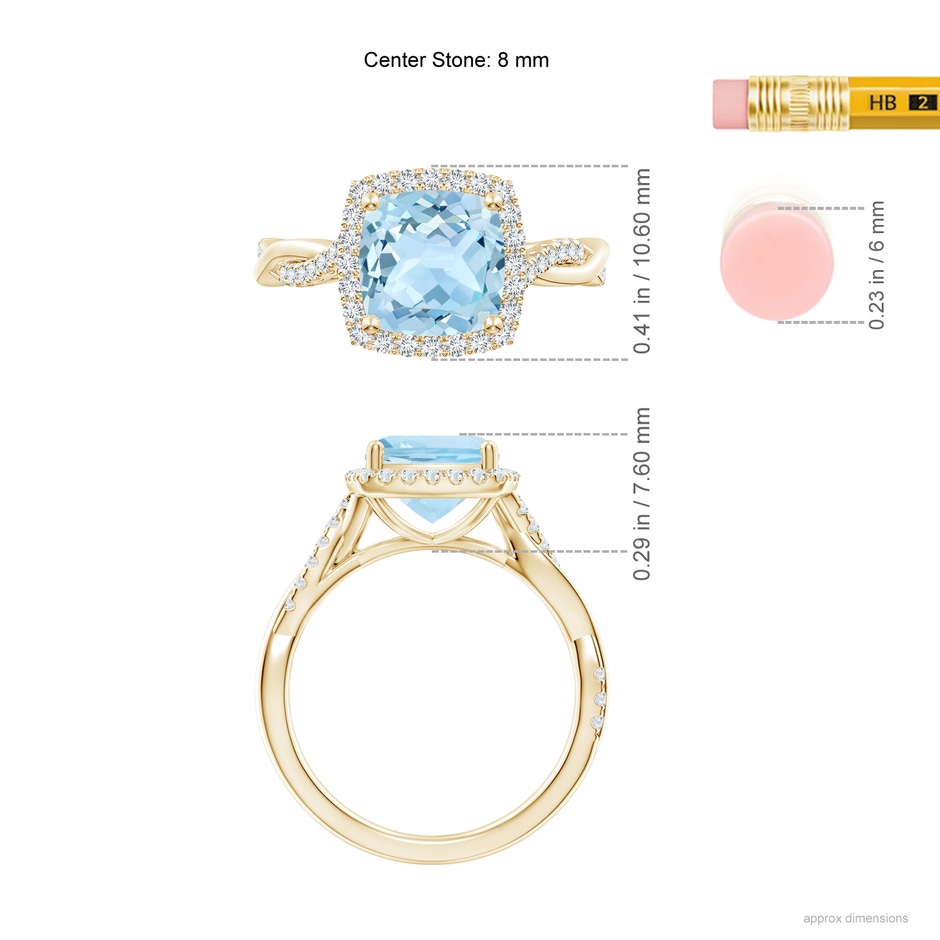 8mm AAA Twisted Shank Cushion Aquamarine Halo Engagement Ring in Yellow Gold ruler