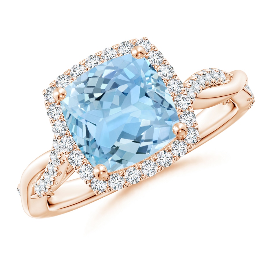 8mm AAAA Twisted Shank Cushion Aquamarine Halo Engagement Ring in Rose Gold 