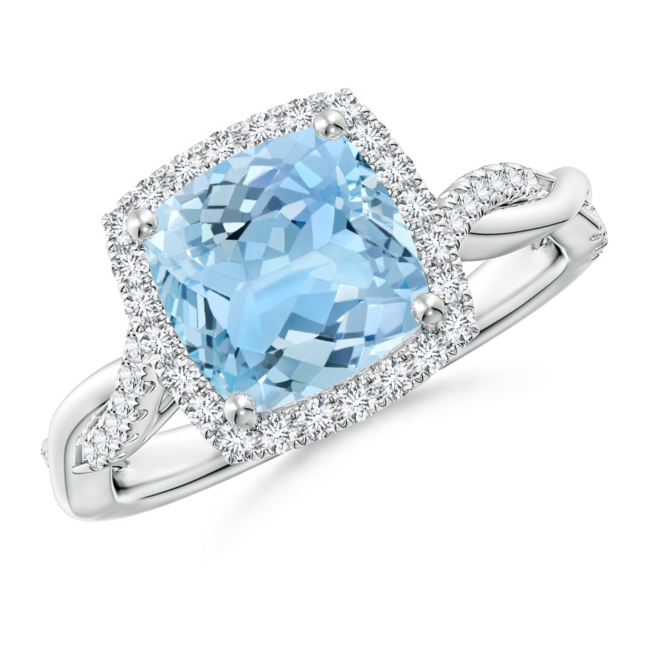 8mm AAAA Twisted Shank Cushion Aquamarine Halo Engagement Ring in White Gold 