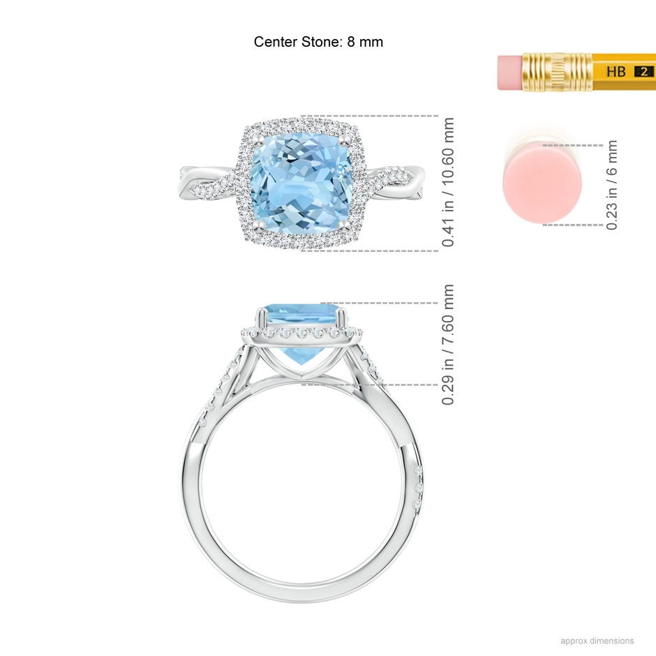 8mm AAAA Twisted Shank Cushion Aquamarine Halo Engagement Ring in White Gold ruler
