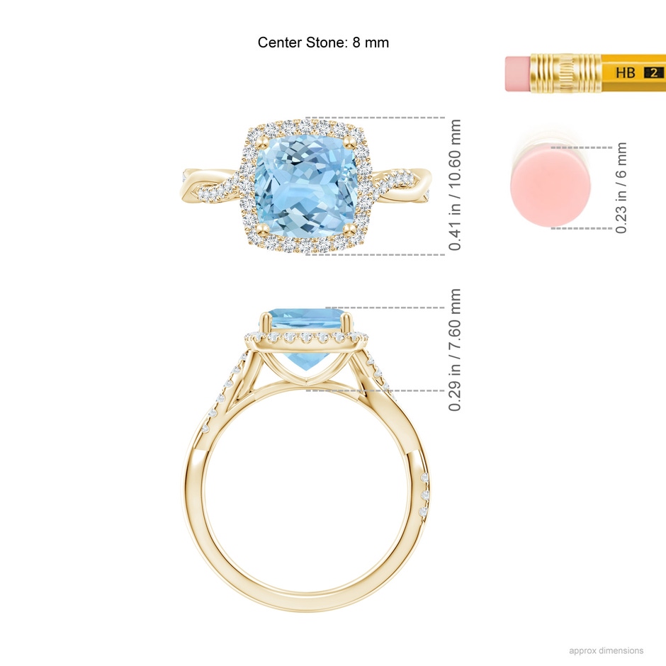 8mm AAAA Twisted Shank Cushion Aquamarine Halo Engagement Ring in Yellow Gold ruler