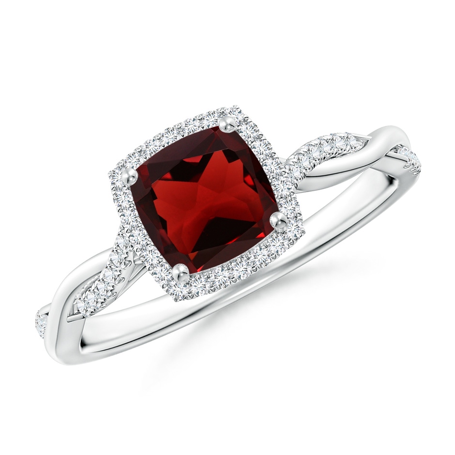 6mm AAA Twisted Shank Cushion Garnet Halo Engagement Ring in White Gold 