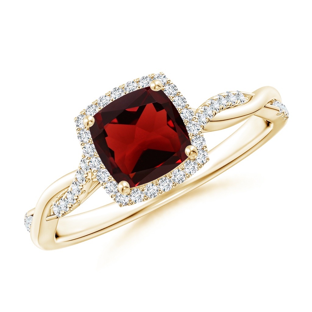 6mm AAA Twisted Shank Cushion Garnet Halo Engagement Ring in Yellow Gold
