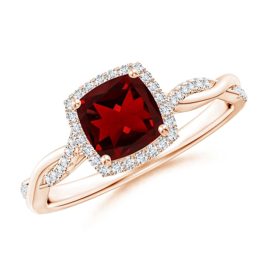 6mm AAAA Twisted Shank Cushion Garnet Halo Engagement Ring in Rose Gold