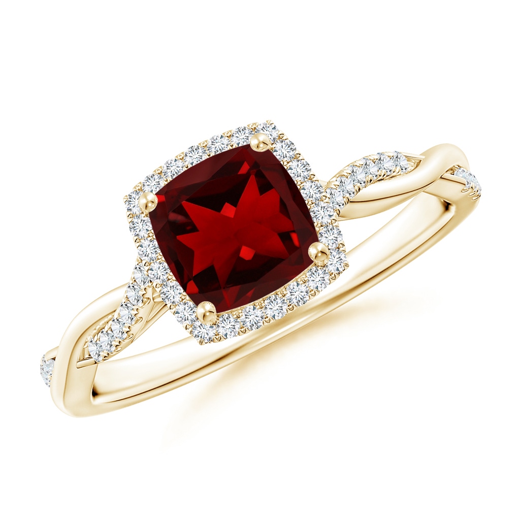 6mm AAAA Twisted Shank Cushion Garnet Halo Engagement Ring in Yellow Gold
