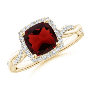 7mm AAA Twisted Shank Cushion Garnet Halo Engagement Ring in Yellow Gold