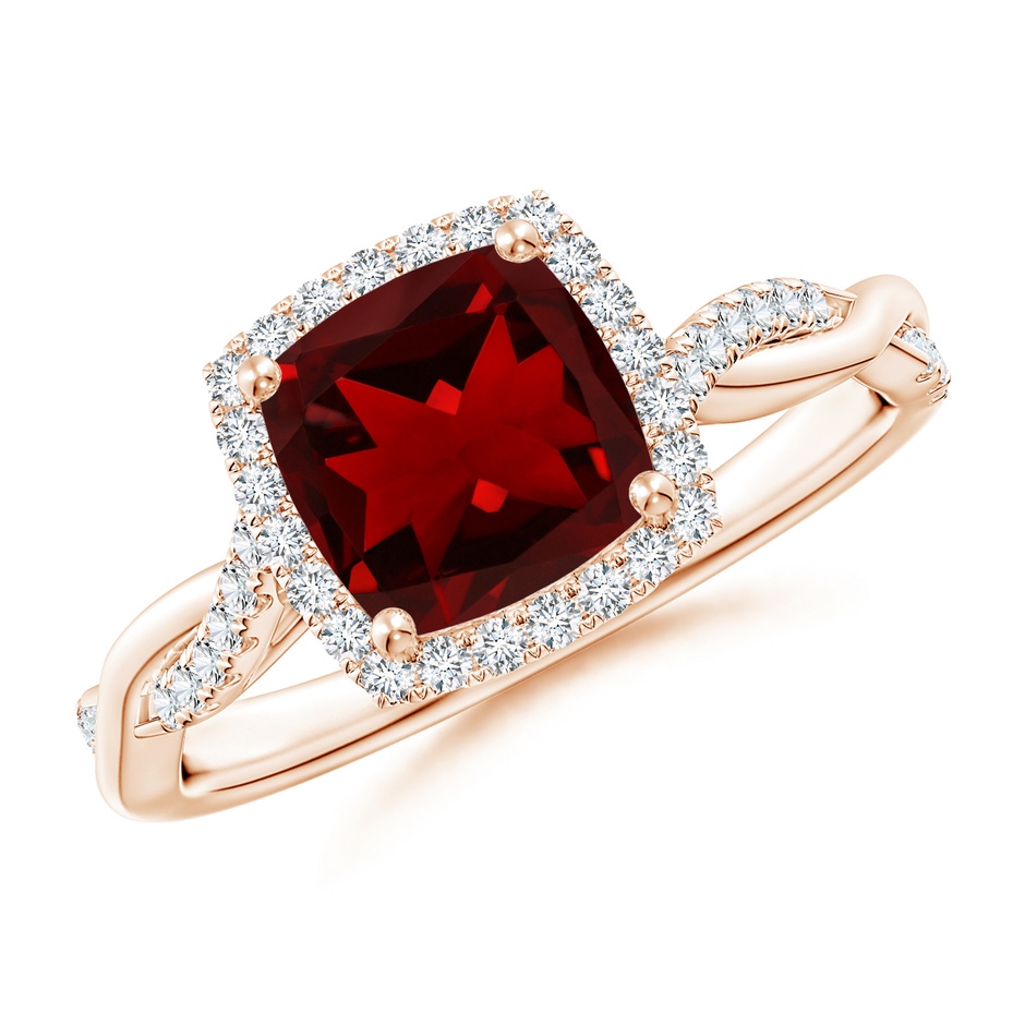 7mm AAAA Twisted Shank Cushion Garnet Halo Engagement Ring in Rose Gold 