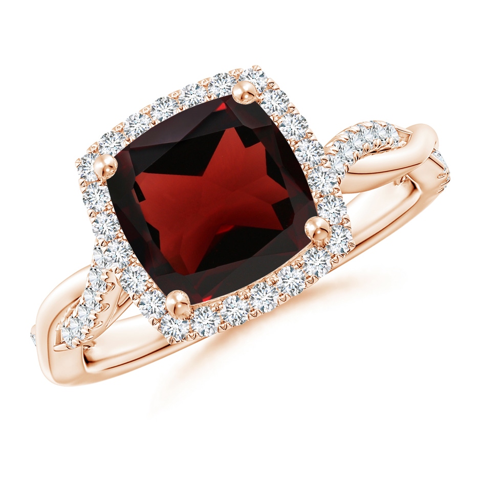 8mm AA Twisted Shank Cushion Garnet Halo Engagement Ring in Rose Gold 