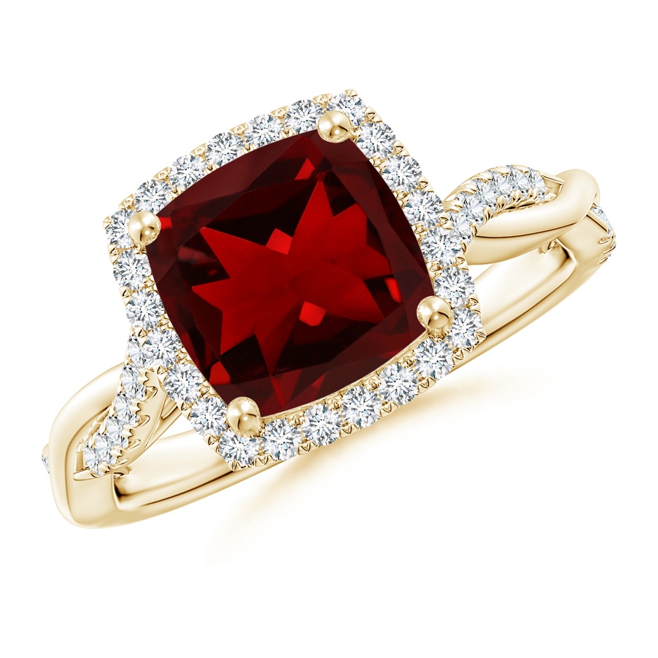 8mm AAAA Twisted Shank Cushion Garnet Halo Engagement Ring in Yellow Gold 