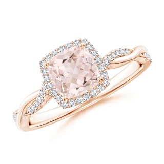 6mm A Twisted Shank Cushion Morganite Halo Engagement Ring in 10K Rose Gold