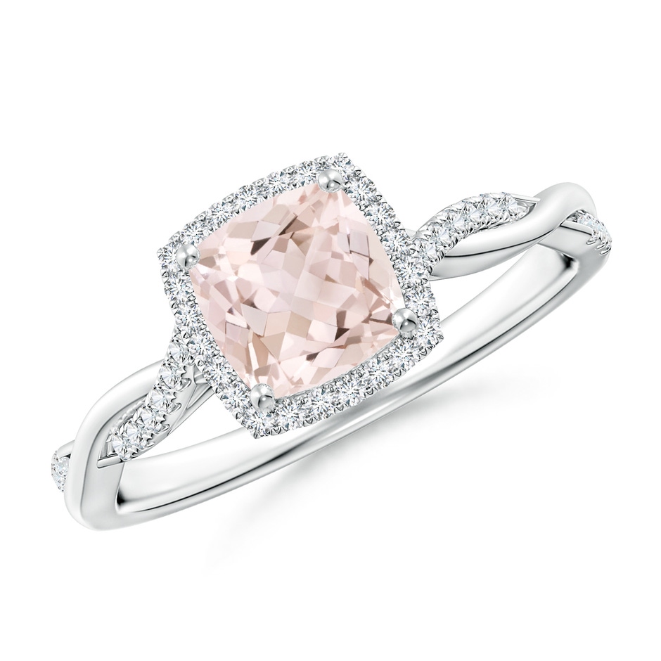 6mm A Twisted Shank Cushion Morganite Halo Engagement Ring in White Gold 