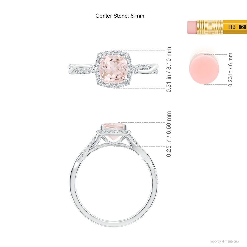 6mm A Twisted Shank Cushion Morganite Halo Engagement Ring in White Gold ruler