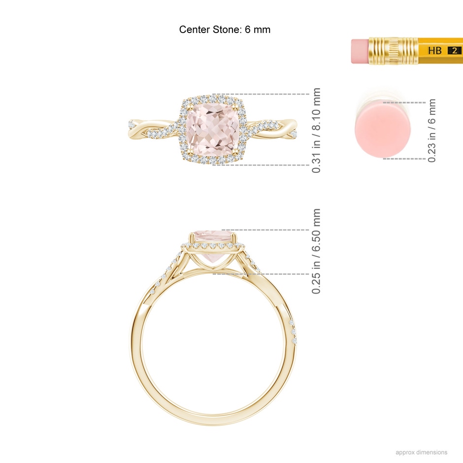 6mm A Twisted Shank Cushion Morganite Halo Engagement Ring in Yellow Gold ruler