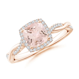 6mm AA Twisted Shank Cushion Morganite Halo Engagement Ring in Rose Gold