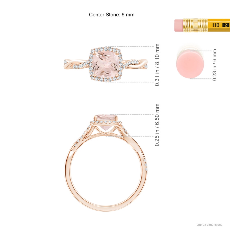 6mm AA Twisted Shank Cushion Morganite Halo Engagement Ring in Rose Gold ruler