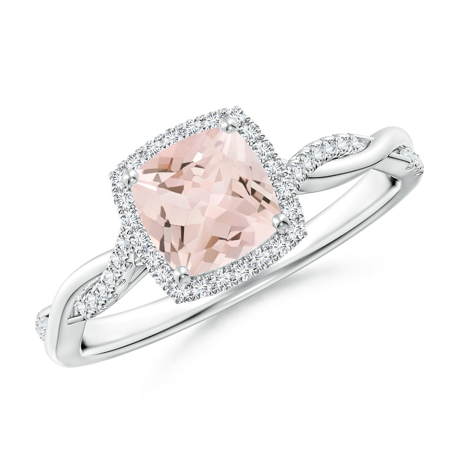 6mm AA Twisted Shank Cushion Morganite Halo Engagement Ring in White Gold 