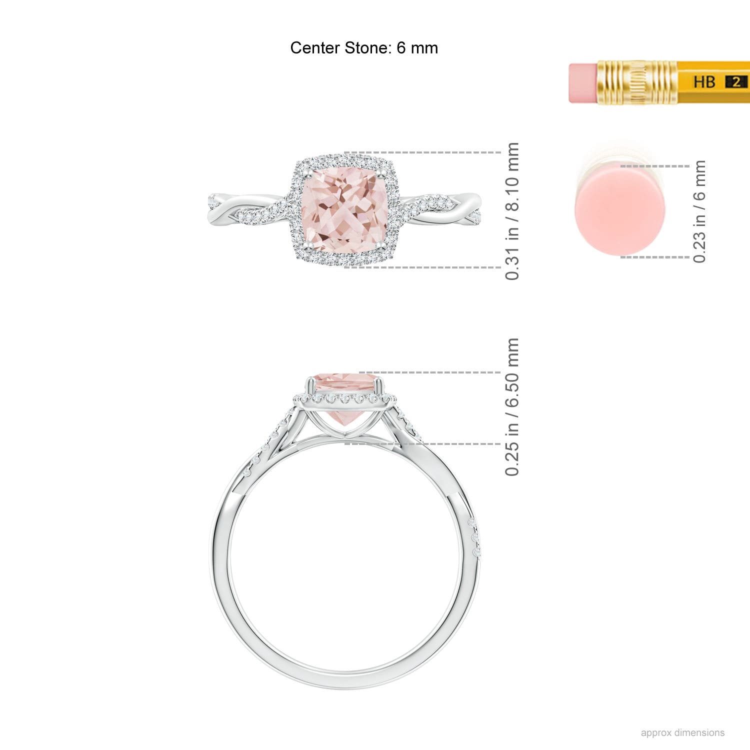 6mm AAA Twisted Shank Cushion Morganite Halo Engagement Ring in P950 Platinum - ruler