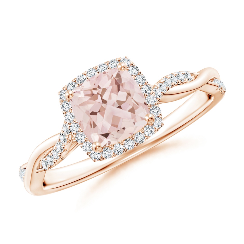 6mm AAA Twisted Shank Cushion Morganite Halo Engagement Ring in Rose Gold 