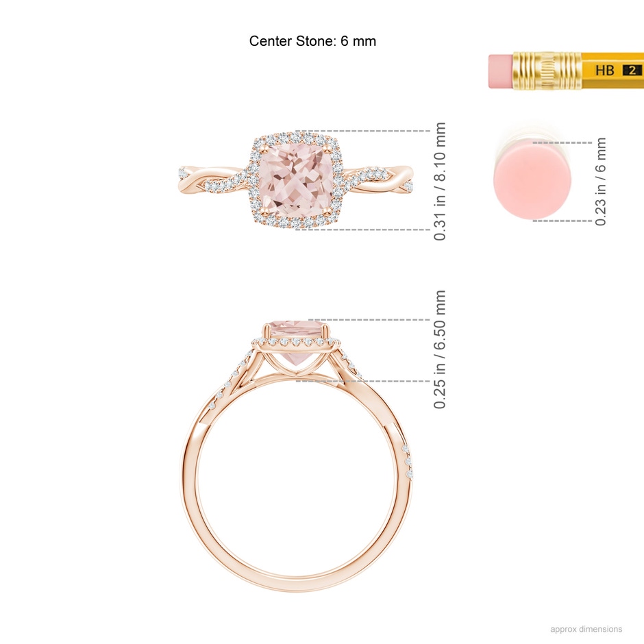 6mm AAA Twisted Shank Cushion Morganite Halo Engagement Ring in Rose Gold ruler