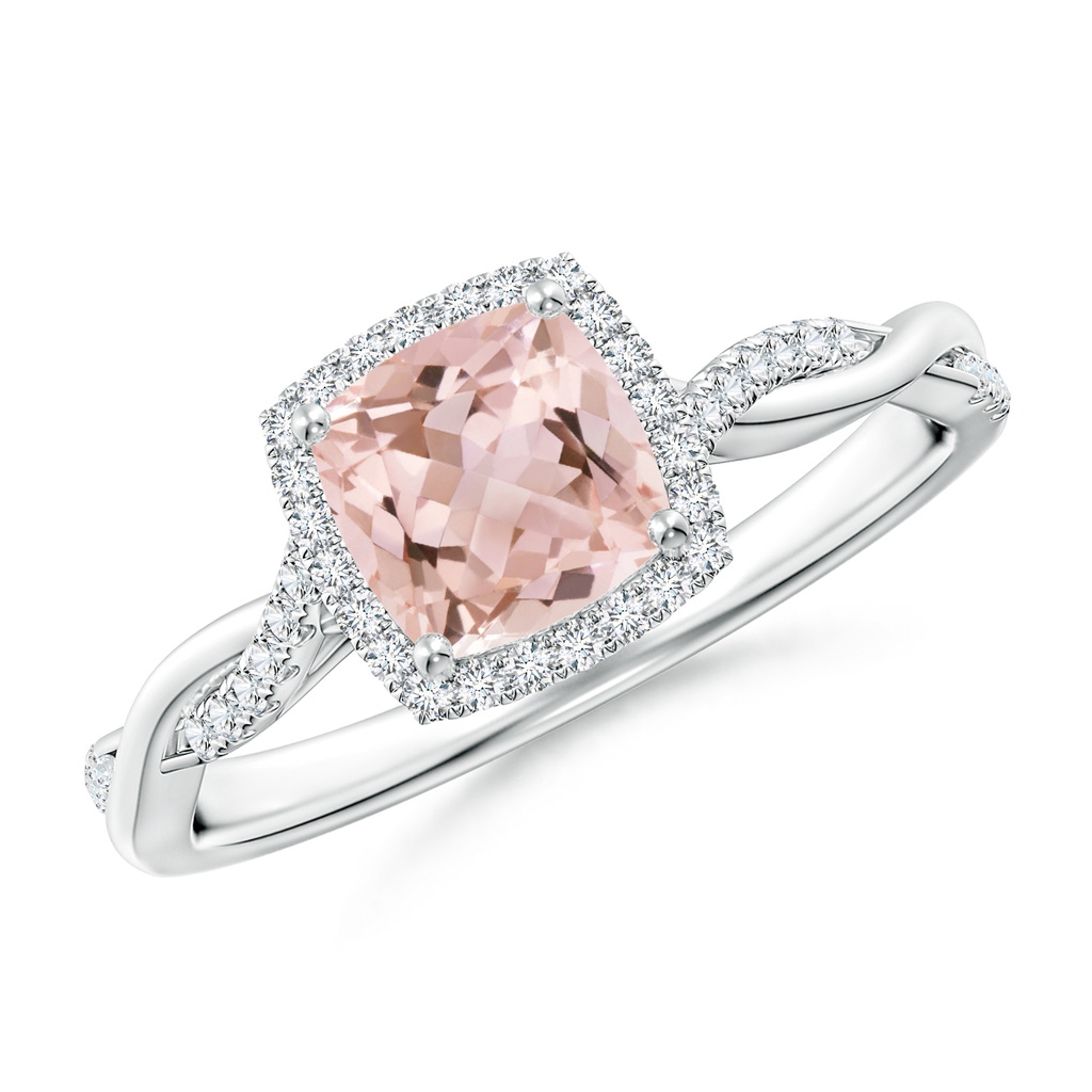 6mm AAAA Twisted Shank Cushion Morganite Halo Engagement Ring in P950 Platinum