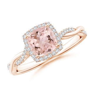 6mm AAAA Twisted Shank Cushion Morganite Halo Engagement Ring in Rose Gold