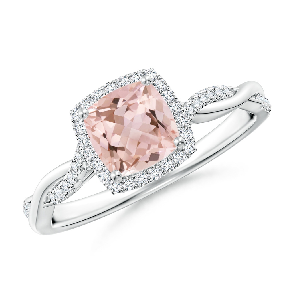 6mm AAAA Twisted Shank Cushion Morganite Halo Engagement Ring in White Gold