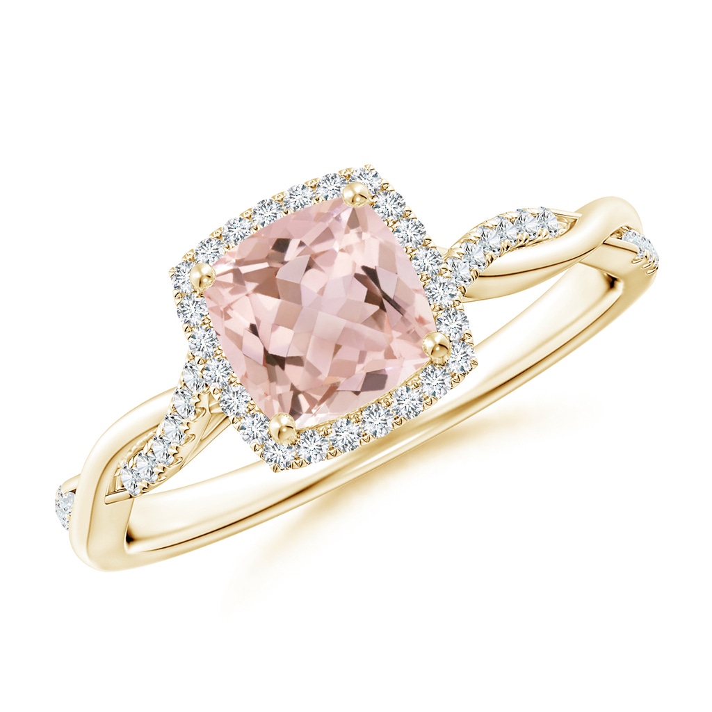 6mm AAAA Twisted Shank Cushion Morganite Halo Engagement Ring in Yellow Gold