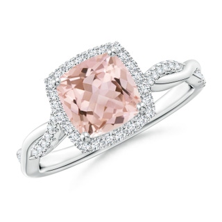 7mm AAAA Twisted Shank Cushion Morganite Halo Engagement Ring in P950 Platinum