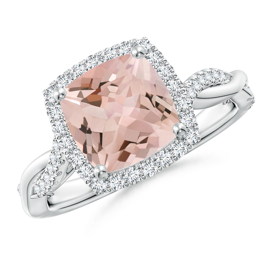 8mm AA Twisted Shank Cushion Morganite Halo Engagement Ring in White Gold 