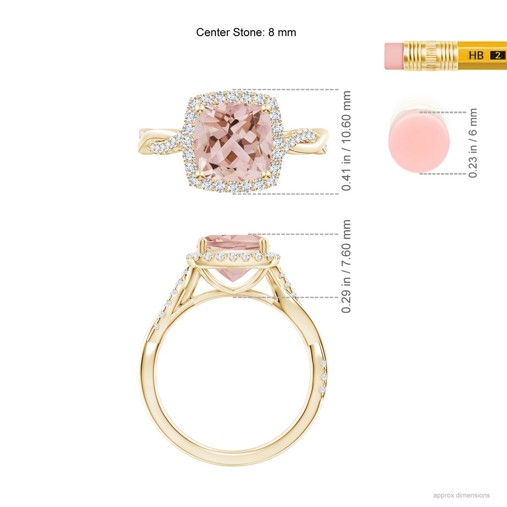 8mm AAA Twisted Shank Cushion Morganite Halo Engagement Ring in Yellow Gold Ruler