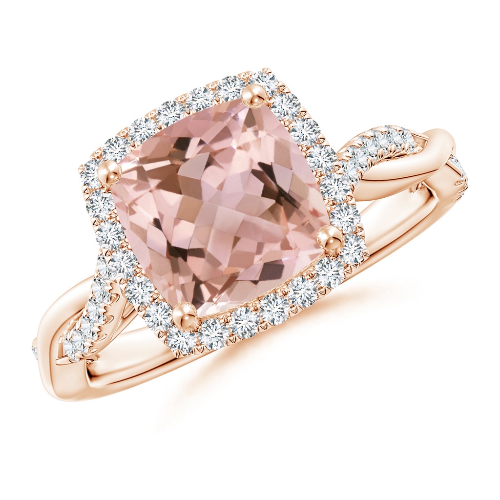 8mm AAAA Twisted Shank Cushion Morganite Halo Engagement Ring in Rose Gold