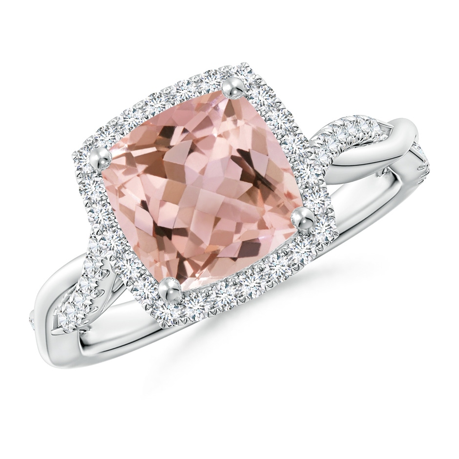 8mm AAAA Twisted Shank Cushion Morganite Halo Engagement Ring in White Gold 