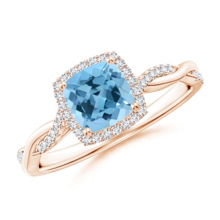 6mm A Twisted Shank Cushion Swiss Blue Topaz Halo Engagement Ring in 10K Rose Gold