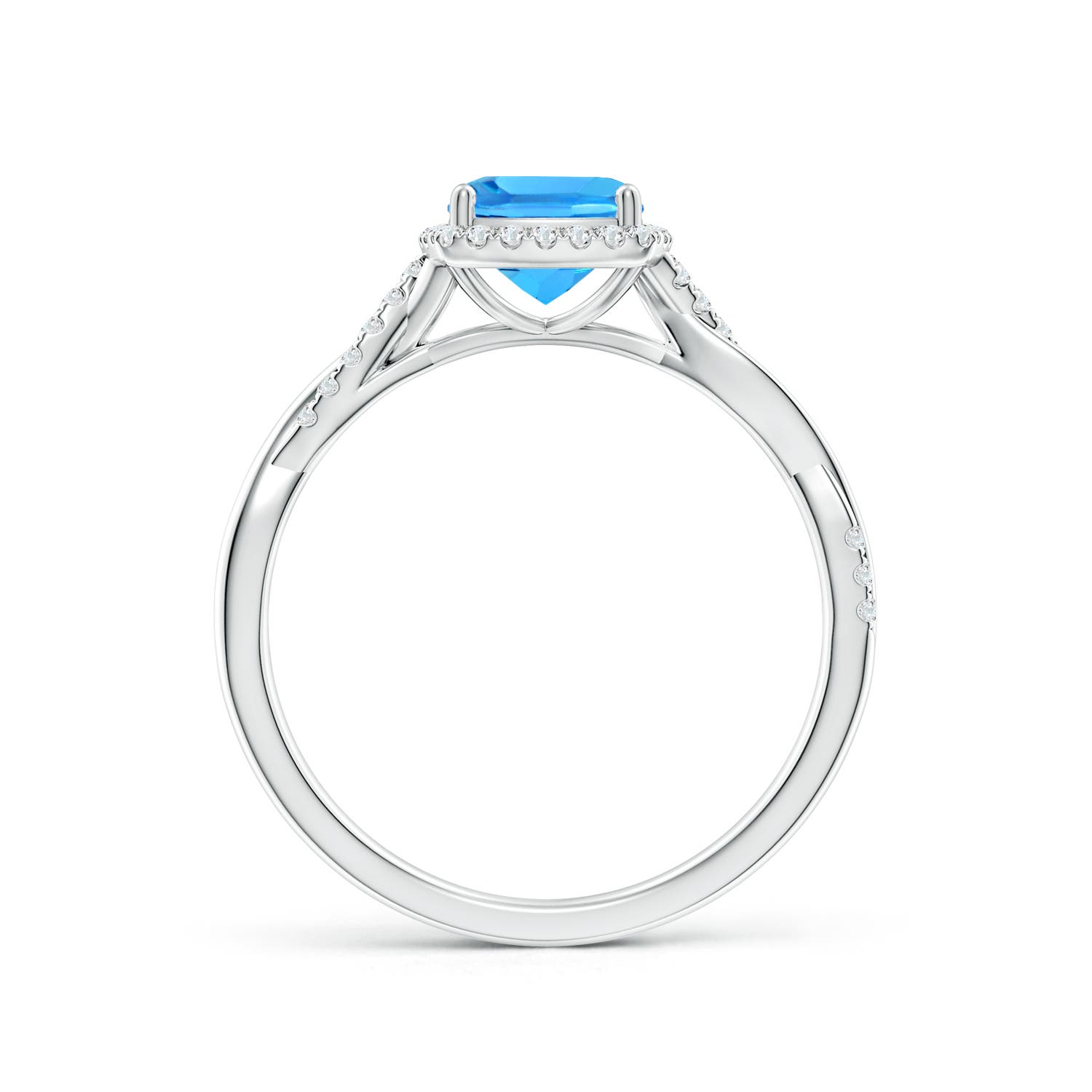 6mm AAAA Twisted Shank Cushion Swiss Blue Topaz Halo Engagement Ring in P950 Platinum