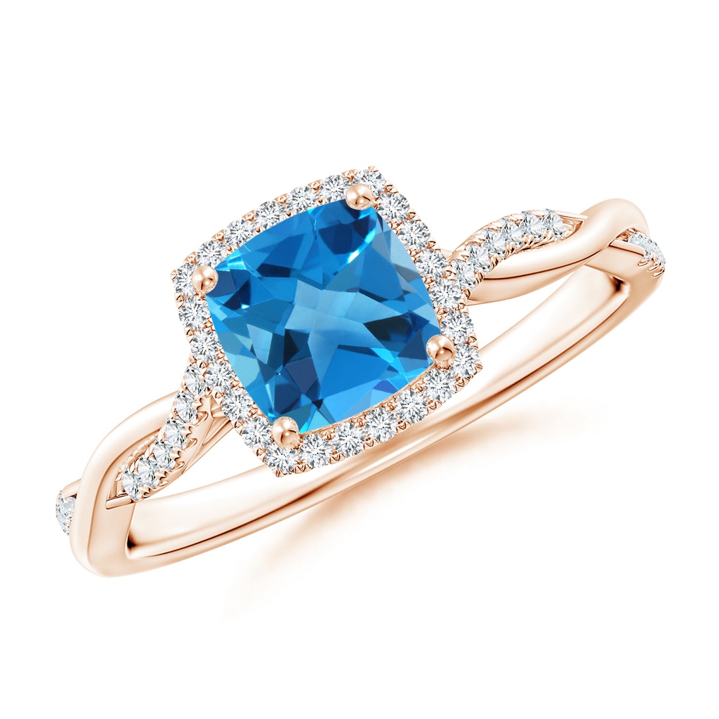 6mm AAAA Twisted Shank Cushion Swiss Blue Topaz Halo Engagement Ring in Rose Gold