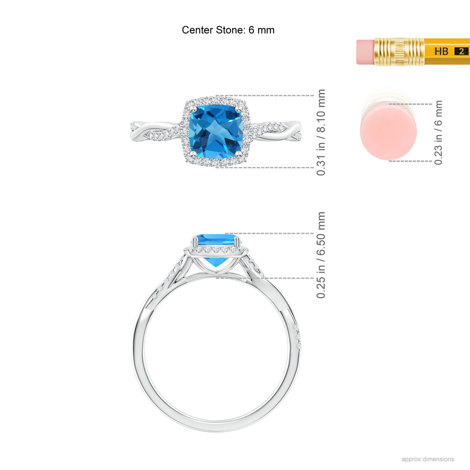 6mm AAAA Twisted Shank Cushion Swiss Blue Topaz Halo Engagement Ring in White Gold ruler