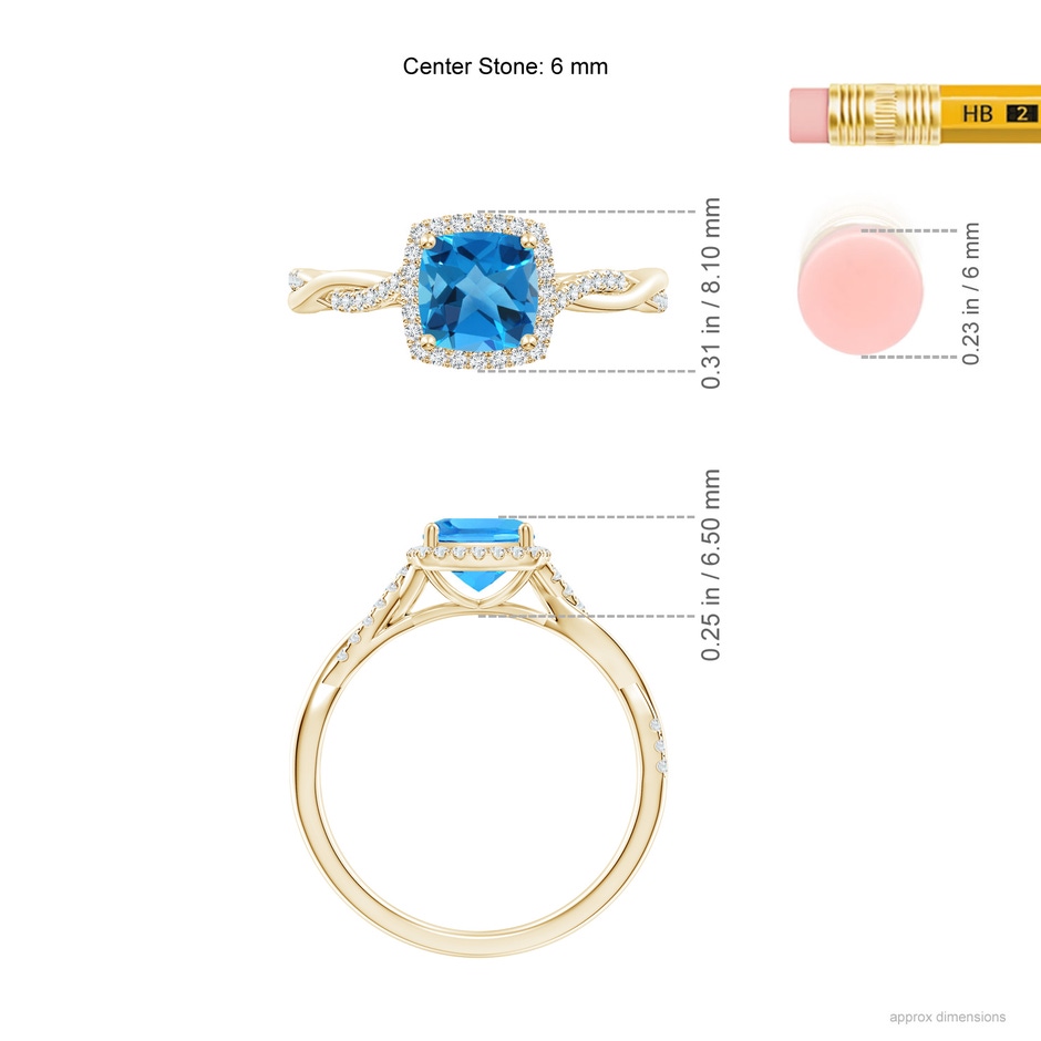 6mm AAAA Twisted Shank Cushion Swiss Blue Topaz Halo Engagement Ring in Yellow Gold ruler
