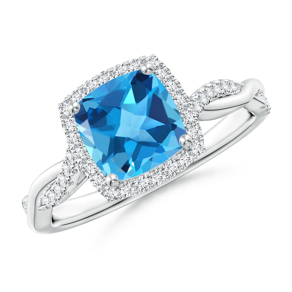 7mm AAA Twisted Shank Cushion Swiss Blue Topaz Halo Engagement Ring in White Gold 