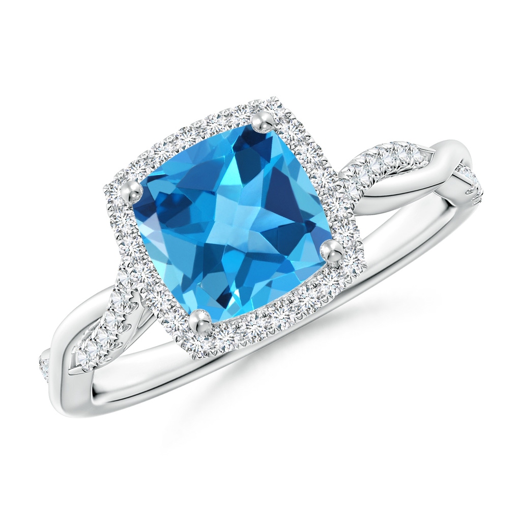 7mm AAA Twisted Shank Cushion Swiss Blue Topaz Halo Engagement Ring in White Gold