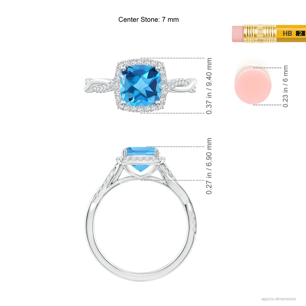 7mm AAA Twisted Shank Cushion Swiss Blue Topaz Halo Engagement Ring in White Gold Ruler