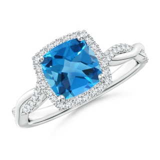 7mm AAAA Twisted Shank Cushion Swiss Blue Topaz Halo Engagement Ring in P950 Platinum