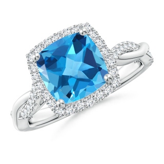 8mm AAA Twisted Shank Cushion Swiss Blue Topaz Halo Engagement Ring in White Gold