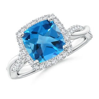 8mm AAAA Twisted Shank Cushion Swiss Blue Topaz Halo Engagement Ring in P950 Platinum